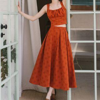 Set: Spaghetti Strap Dotted Top + Midi A-line Skirt
