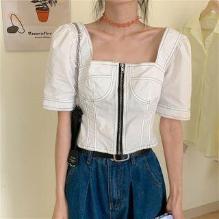 Short Sleeve Square Neck Zip Cropped Top