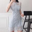 Mesh Panel Lace Short-sleeve Mini A-line Dress