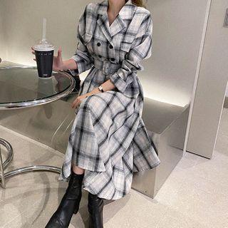 Button-trim Plaid Maxi Dress With Belt Ivory - One Size