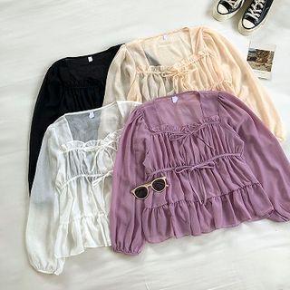Plain Square-neck Frilled Long-sleeve Mesh Top