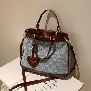 Denim Panel Top Handle Crossbody Bag Brown - One Size