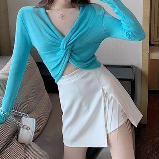 Set: Long-sleeve Cropped Top + Rhinestone Skirt