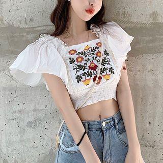 Embroidered Sleeveless Ruffle-trim Top White - One Size