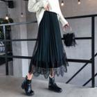 Lace Paneled Pleated A-line Midi Skirt