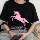 Unicorn Print Lettering Elbow-sleeve T-shirt