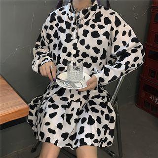 Long-sleeve Milk Cow Print Shirt / Mini Pleated Skirt / Crossbody Bag