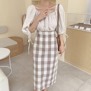 Off-shoulder Blouse / Gingham Midi A-line Skirt