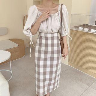 Off-shoulder Blouse / Gingham Midi A-line Skirt