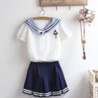 Short-sleeve Sailor Collar Blouse / Pleated Skirt / Set