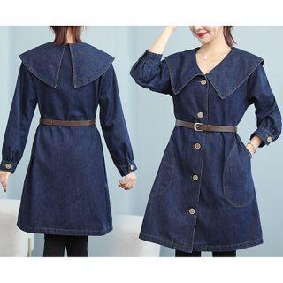Long-sleeve Buttoned Wide-collar A-line Denim Dress