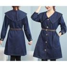 Long-sleeve Buttoned Wide-collar A-line Denim Dress