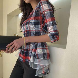 Plaid Floral Lace Peplum Blouse Navy Blue - One Size