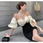 Puff-sleeve Two-tone Slim-fit Dress