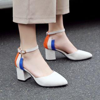 Color Block Ankle Strap Chunky-heel Pumps