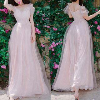 Spaghetti-strap Tie-waist Sequined Plain Slim Lace Sheath Dress