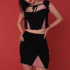Set: Lace-tie Lettuce Trim Mock Top+ Skirt Black - Free