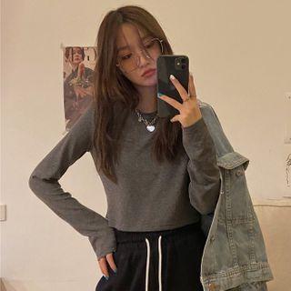 Long-sleeve Plain Round-neck Cropped Top