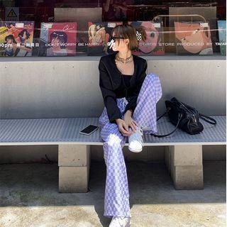 High-waist Plaid Two Tone Straight-cut Pants As Shown In Figure - One Size