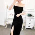 Puff-sleeve Side-slit Maxi Sheath Dress