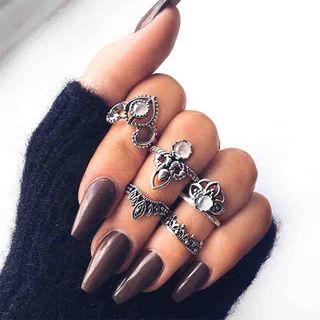 Set Of 5: Retro Acrylic Alloy Ring (assorted Designs) Silver - One Size