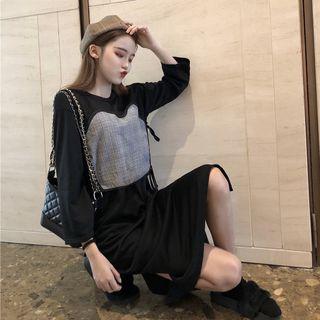 Long-sleeve Plaid Panel T-shirt Dress Black - One Size