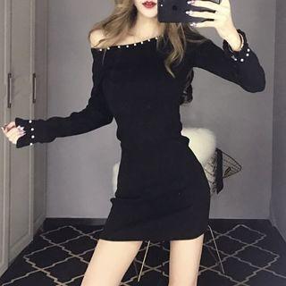 Beaded Long-sleeve Mini Sheath Dress