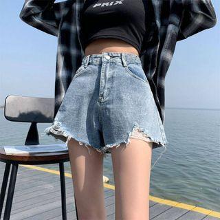Mid Waist Distressed Denim Shorts