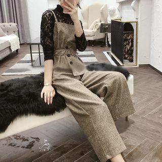 Set: Long-sleeve Lace Top + Asymmetrical Cami Top + Wide Leg Pants