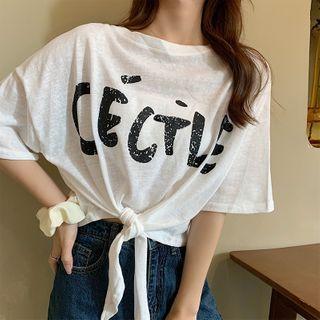 Lettering Short-sleeve Tie-hem Cropped T-shirt