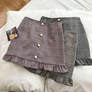 Single-breasted Plaid High-waist Ruffled-trim Skirt