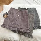 Single-breasted Plaid High-waist Ruffled-trim Skirt
