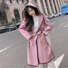 Contrast-trim Tie-waist Hooded Coat