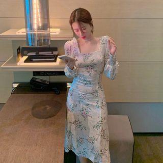 Long-sleeve Floral Print Square-neck Dress