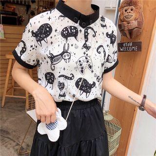 Short-sleeve Contrast Trim Cat Print Chiffon Top