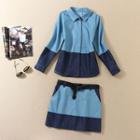 Set: Colour Block Long-sleeve Blouse + Skirt
