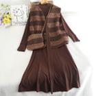 Set: Long-sleeve Mock-neck Dress + Knit Vest + Crossbody Bag