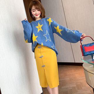 Set: Star Print Sweater + Midi Sheath Skirt