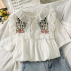 Ruffled-trim Embroidered Loose Blouse White - One Size
