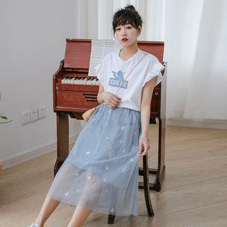 Set: Short-sleeve T-shirt + Sheer Midi Skirt