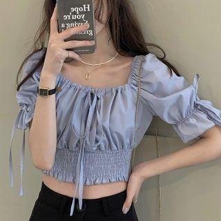 Elbow-sleeve Square Neck Cropped Blouse