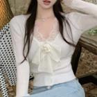 V-neck Lace Trim Ribbon Knit Top White - One Size