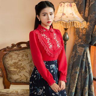 Long-sleeve Embroidery Lace-trim Blouse