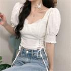 Puff-sleeve Lace-up Side Cropped Top