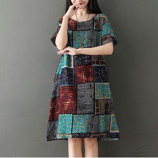 Short-sleeve Printed Midi Linen Dress