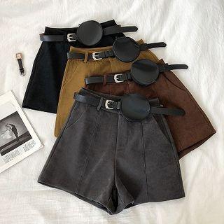 Plain High-waist Corduroy A-line Shorts With Belt