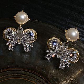 Rhinestone Bow Stud Earring 1 Pair - Silver Stud - Gold - One Size