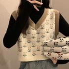 Long-sleeve Mock-neck Top / Floral Print Sweater Vest