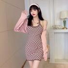 Open Front Cropped Cardigan / Halter-neck Checkered Knit Mini Sheath Dress