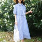 Short-sleeve Striped Midi Shirt Dress